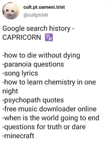 Text - cult.pt.oameni.trist @cultptristi Google search history - CAPRICORN n. -how to die without dying -paranoia questions -song lyrics -how to learn chemistry in one night -psychopath quotes -free music downloader online -when is the world going to end -questions for truth or dare -minecraft