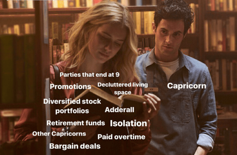 Text - Parties that end at 9 Promotions Decluttered living space Capricorn Diversified stock Adderall portfolios Retirement funds Isolation) Other Capricorns Paid overtime Bargain deals